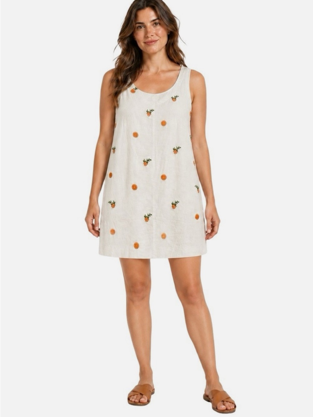 Joie White Linen Blend Embroidered Orange Citrus Shift Dress Size S